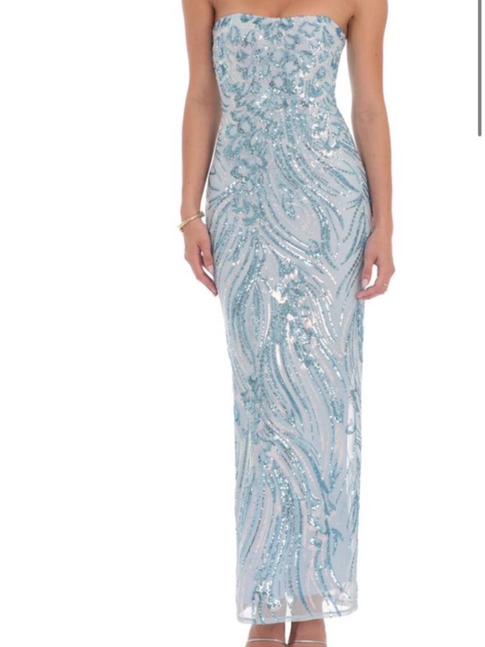 Lucy in the Sky Strapless Sequin Gown in Light Blue
